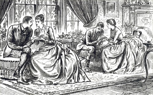 Two young couples practising palmistry used as cover for an afternoon of flirtation