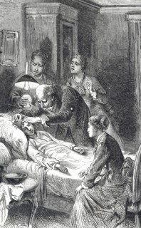 A country doctor, being watched by anxious family members, tending to a boy with concussion