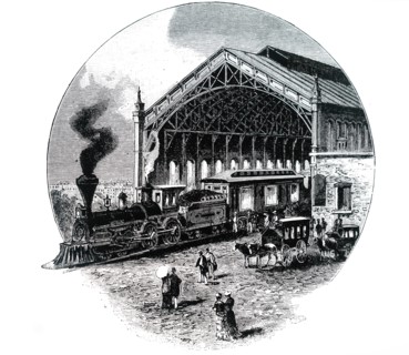 A train leaving Omaha Railway Station on the Grand Pacific Line