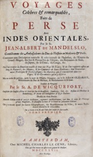 Title page of 'voyages made to Persia and India' 1727, by Johan Albrecht de Mandelslo