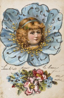 French Happy Christmas, postcard depicting a young angelic child smiling, circa 1900