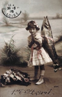 French postcard with image of a girl carrying a fish