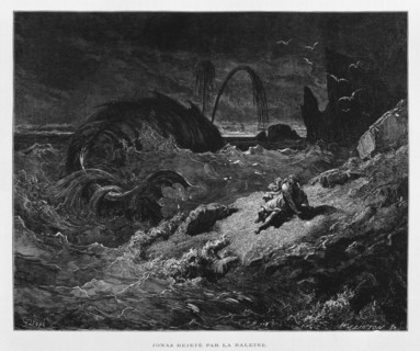 Jonah ejected onto dry land by the whale, Illustration from the Dore Bible 1866