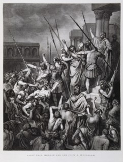 St Paul attacked by the Jews of Jerusalem, Illustration from the Dore Bible 1866