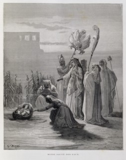 Moses rescued by the daughter of the Pharaoh of Egypt, Illustration from the Dore Bible 1866