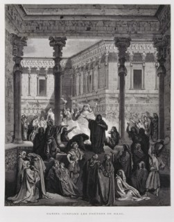 Daniel confronts the priests of Baal, Illustration from the Dore Bible 1866