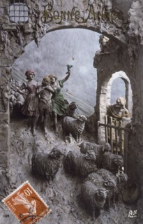 French postcard dated circa 1900, showing a relief scene of shepherds tending a flock