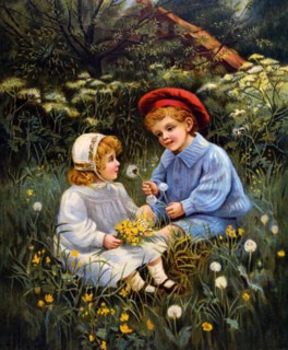 Painting depicting a brother and sister playing in a field together