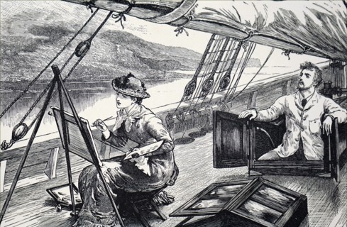 A young woman painting on the deck of a boat as it sails down a river
