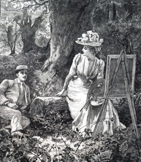A young artist presenting her work to her lover as the relax in the woods