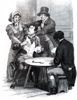 Engraving depicting a wife trying to remove her husband from the gaming table