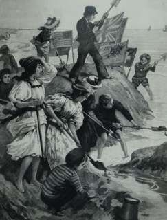 Painting depicting children building sandcastles on the beach