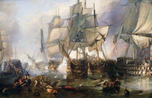 Painting titled "The Battle of Trafalgar in 1805" by Clarkson Frederick Stanfield