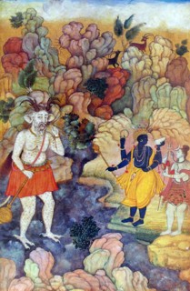 Painting depicting Vishnu and Shiva standing by a torrent from which appears a monster demon