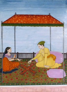 Painting depicting a couple playing Chaupar
