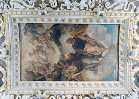ornate plasterwork and painting adorn ceilings within the state rooms of the Doge's Palace in Venice Italy