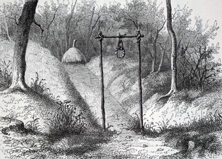 Wood engraving titled 'Entry to The Fetish Hut in Lunda'. Dated 19th Century
