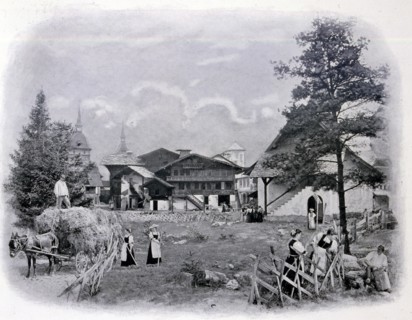Image of a Swiss village showing a church and chalet from Meiringen.