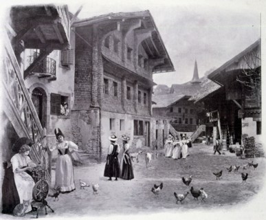 Illustration of a Swiss village - houses from Bourg-Saint-Pierre and Engelberg.