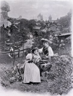 Photograph of a Swiss Village exhibit with waterfall.