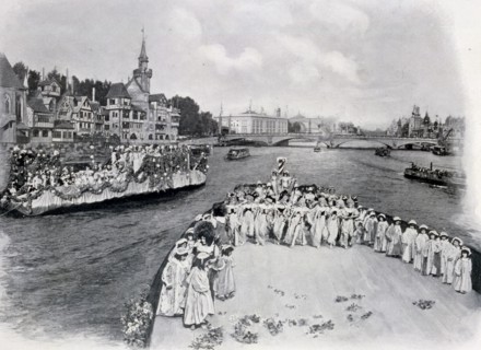 Black and white illustration showing the nautical festival on the Seine next to the Ville de Paris by Zeiss-Krauss.