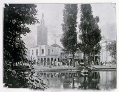 Photograph looking across a lake at the Moroccan Quarter.