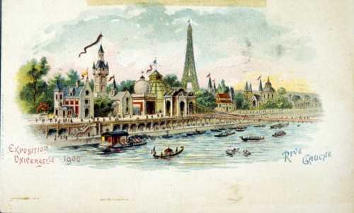 A coloured illustration the Rive Gauche; view over the Seine towards the Eiffel Tower
