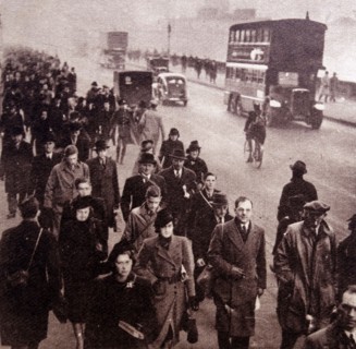 Commuters on their way to work near London Bridge, London, circa 1940s
