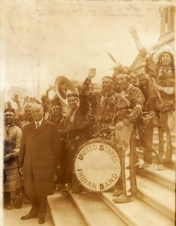 The United States Indian Band representing 13 tribes, who are making a tour of the United States called at the Capitol to serenade V.P. Curtis and Sen W.B. Pine of Oklahoma