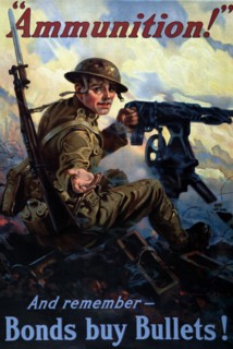 Poster showing a soldier with a machine gun in the heat of battle, reaching out for ammunition