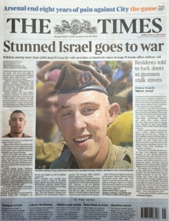 British Newspaper front page after a Hamas attack Israel.