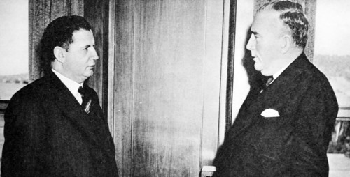 Arthur William Fadden and Robert Gordon Menzies, leaders of the Anti-Socialist Coalition in Australia