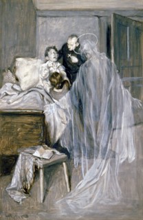 It is death, my son, said the priest. Arthur Keller. Illustration of a boy dying as a priest comforts him