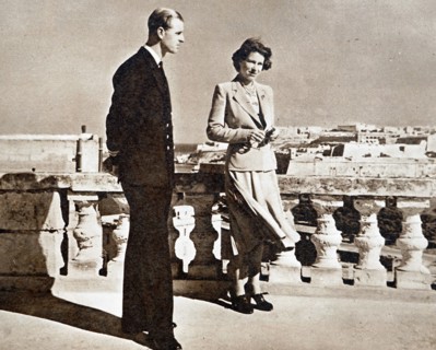 Princess Elizabeth and The Duke of Edinburgh on the terrace at Villa Guardamangia in Malta