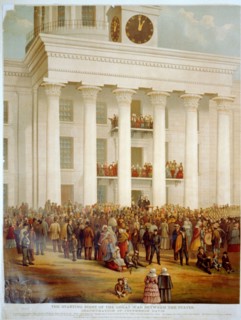 Print shows a crowd at the capitol building at Montgomery, Alabama, at the time of the announcement of Jefferson Davis as the first President of the Confederate States of America