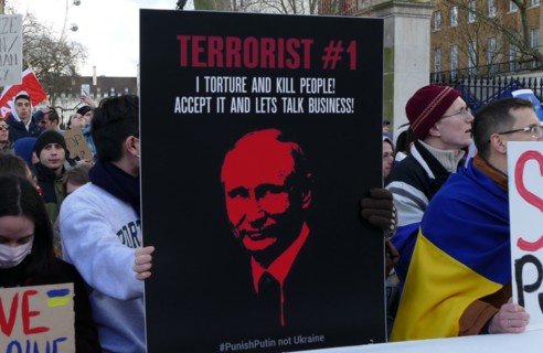 Anti-Putin poster at a protest in London against Russian invasion of Ukraine