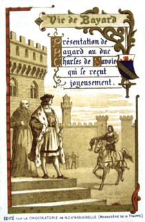 Publicité pour le chocolat d'Aiguebelle, la vie de Bayard, présentation de Bayard au Duc Charles de Savoie
