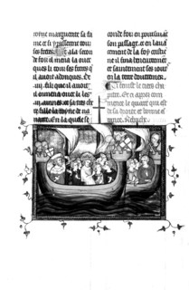 Guillaume de Saint-Pathus, "The Life and Miracles of Saint Louis", The Crusades, f° 40 : Saint Louis and his men leaving for the crusade on a ship