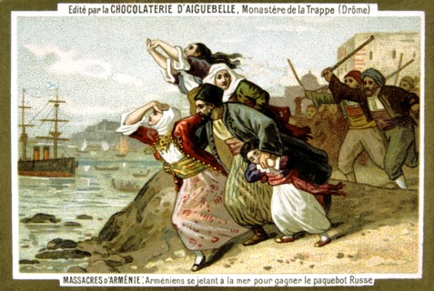 Publicité pour le chocolat d'Aiguebelle, Massacre d'Arménie par les Turcs en 1894-1896, Arméniens se jettant à la mer pour gagner un paquebot russe