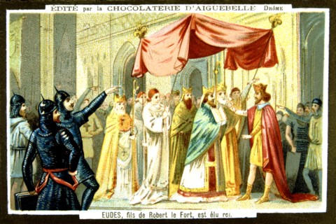 Advertisement for Aiguebelle chocolate
Eudes (around 860-898), Robert le Fort's son, Earl of Paris and of Troyes, then King of France (885-887), on the day of his coronation