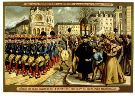 Advertisement for Aiguebelle chocolate 
Conquest of Madagascar: troops leaving Paris for Madagascar