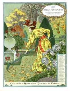 Belle jardinière calendar, month of October,
woman gathering up dead leaves