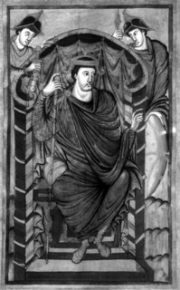 Gospels of Lothar: Emperor Lothar I (795-855) on his throne, flanked by two guards