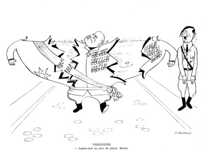 Satirical cartoon by Sennep. Hitler and  Mussolini. in "La guerre en chemise noire" ("war in blackshirt")
