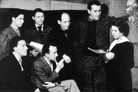 Group of surrealists: Jean-Mario Prassinos, André Breton, Henri Parisot, Paul Eluard, Benjamin Péret, René Char and Gisèle Prassinos