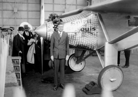 Charles Lindbergh. Atlantic crossing. Lindbergh next to the "Spirit of St. Louis" at Le Bourget airport