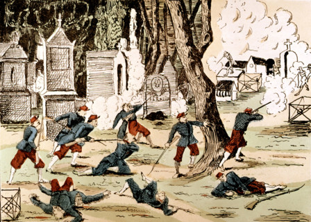Capture of Paris. Fighting in the Père Lachaise cemetery. Lithograph.