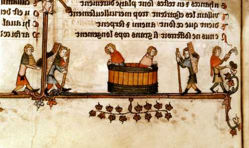 Miniature from the "Roman d'Alexandre" (Alexander's novel). Wine growers pressing grapes