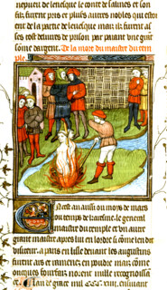 Miniature. Jacques de Molay, grand maître des Templiers livré aux flammes le 19 mars 1314