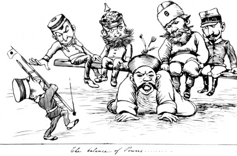 Satirical cartoon by Georges Bizot. "The balance of powers", 1898